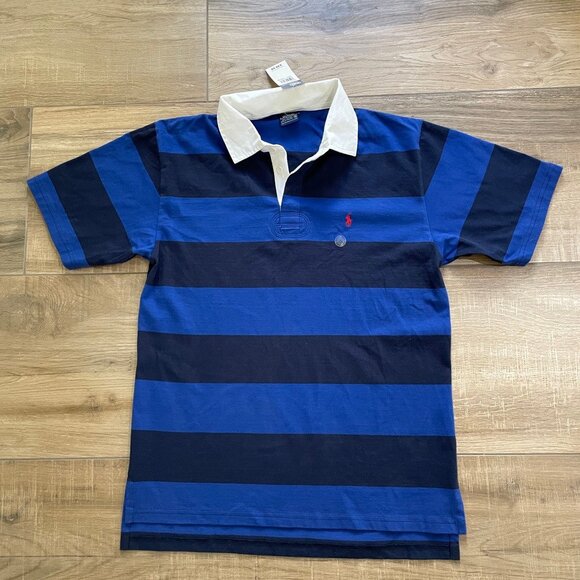 Polo Ralph Lauren Shirt Youth XL Blue & Black Stripe Rugby Collared Small Pony - Picture 1 of 12